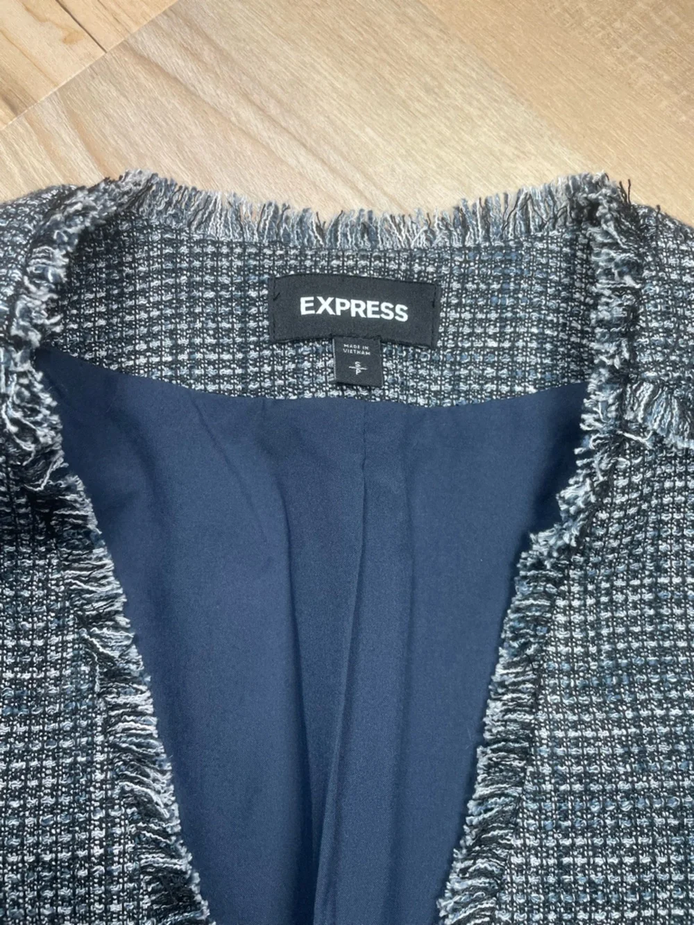 Express Tweed Jacket Small Fringe Trim Blue‎ Black Career Chic Blazer
